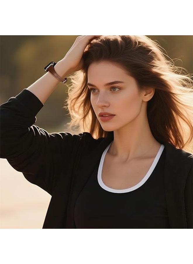 سوار جلدي متوافق مع ساعة أبل للنساء، متوفر بمقاسات 38 مم، 40 مم، 41 مم، 42 مم، 44 مم، 45 مم، 46 مم، و49 مم، سوار رفيع لساعات أبل من السلسلة SE، SE2، السلسلة 10، 9، 8، 7، 6، 5، 4، 3، 2، 1، لون بني. - Image 4